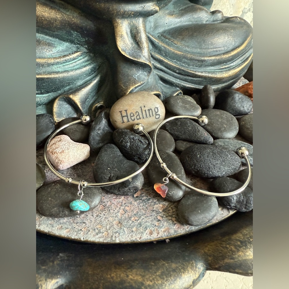 Set of 2 Stainless Steel Open Bangle Cuff Bracelets with dangle stone.